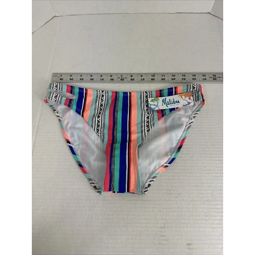 Malibu Dream Girl Women's L Swim‎ Bikini Bottom Peach Coral Striped New